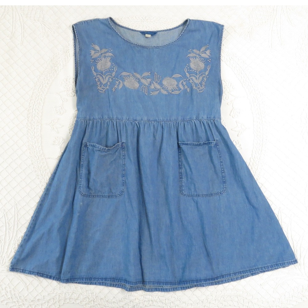 April Cornell Blue Denim Embroidered Pinafore Dress XXL Sleeveless Floral Pocket